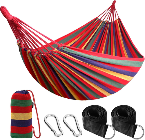 Amaca Da Giardino in Cotone Tessuto Comodo Con Cinghie Rispettose Degli Alberi p