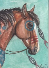ACEO original Watercolor Art Card HORSE bay painted Mustang Native war PONY