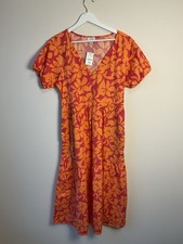 J. Crew Orange/Pink Floral Tiered Midi Dress Puff Sleeves V-Neck Pockets Size 6