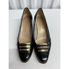 Salvatore Ferragamo Womens Black Patent Leather Gold Bar Low Block Heel Pumps 8B