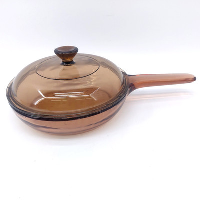 Vtg Corning Vision Ware #6 Amber Waffle Bottom 7'' Fry Pan Skillet Pyrex w Lid