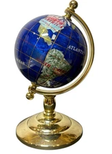 INLAID GEMSTONE Mini Desk Globe Gold Brass Stand LAPIS BLUE Ocean 6”