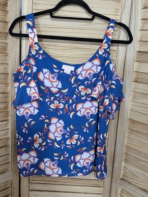 ST. Tropez West Sleeveless Tank Top Sz M PURPLE Floral Cold Shoulder 