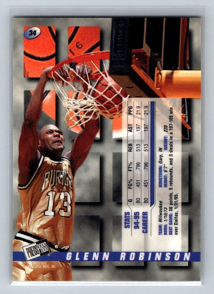 1995 Press Pass Premium Draft Picks #34 Glenn Robinson Purdue Boilermakers - Image 2 of 2