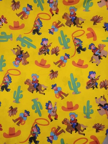 Yellow Cowboy Western Print 100% Cotton Fabric 45" Cactus Kids Quilting By Yard - product listing photo