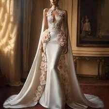 Elegant Long Evening Dresses Flowers Satin Floor-Length Mermaid Party Wedding