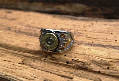 Heavy Stainless Steel Bullet Ring with Gold Deer Heads and Brass 