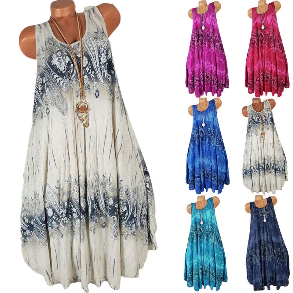 Women Summer Holiday Dress Fashion Boho Beach Loose Floral Sun Dresses Plus Size