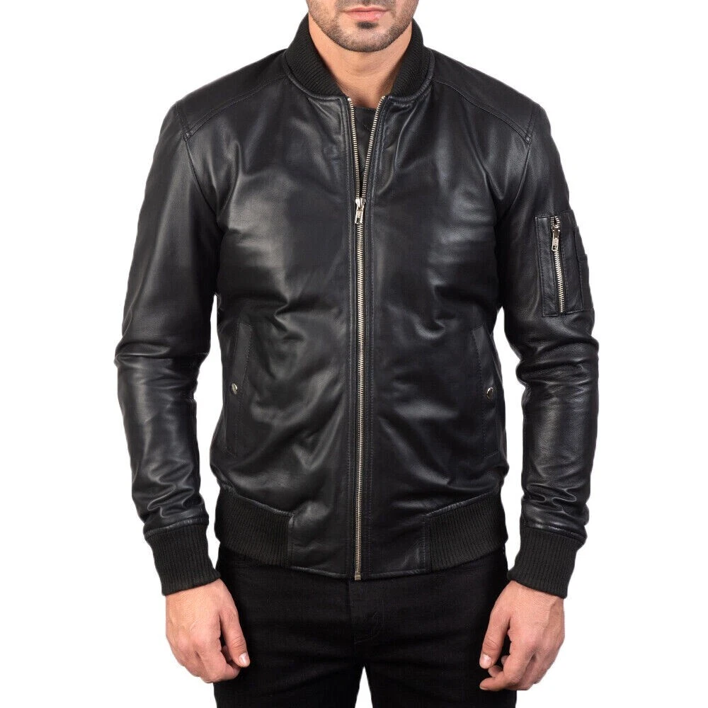 Mens Black Bomber Jacket Genuine Leather Black Slim Fit Biker Style Jacket