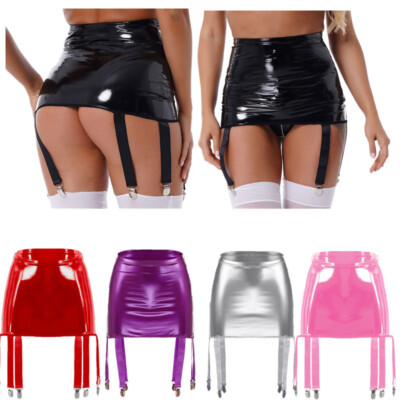 Women Shiny Leather Sexy Bodycon Mini Skirt with Suspenders Garter Belt Clubwear
