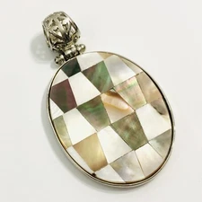 Abalone Mother of Pearl Pendant Checkerboard Oval MOP Large 2" Costume 