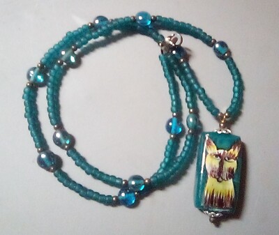 22'' Handmade Hand Painted Beaded Kitty Cat Pendant Necklace Vintage Unique 