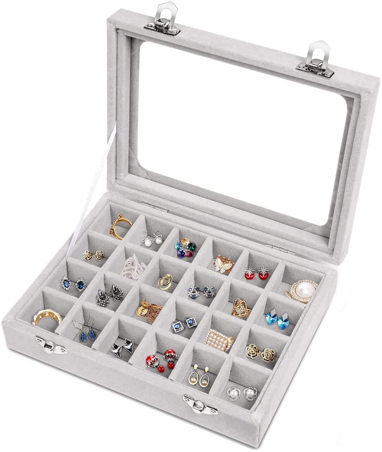Jewelry Box 24 Grid Velvet Jewelry Tray for Drawers Glass Clear Lid Showcase Dis-image