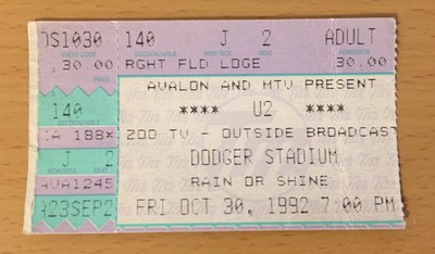 1992 U2 Zoo Tv Concert Ticket Stub Los Angeles Dodger Stadium 10 30 Achtung Baby Ebay
