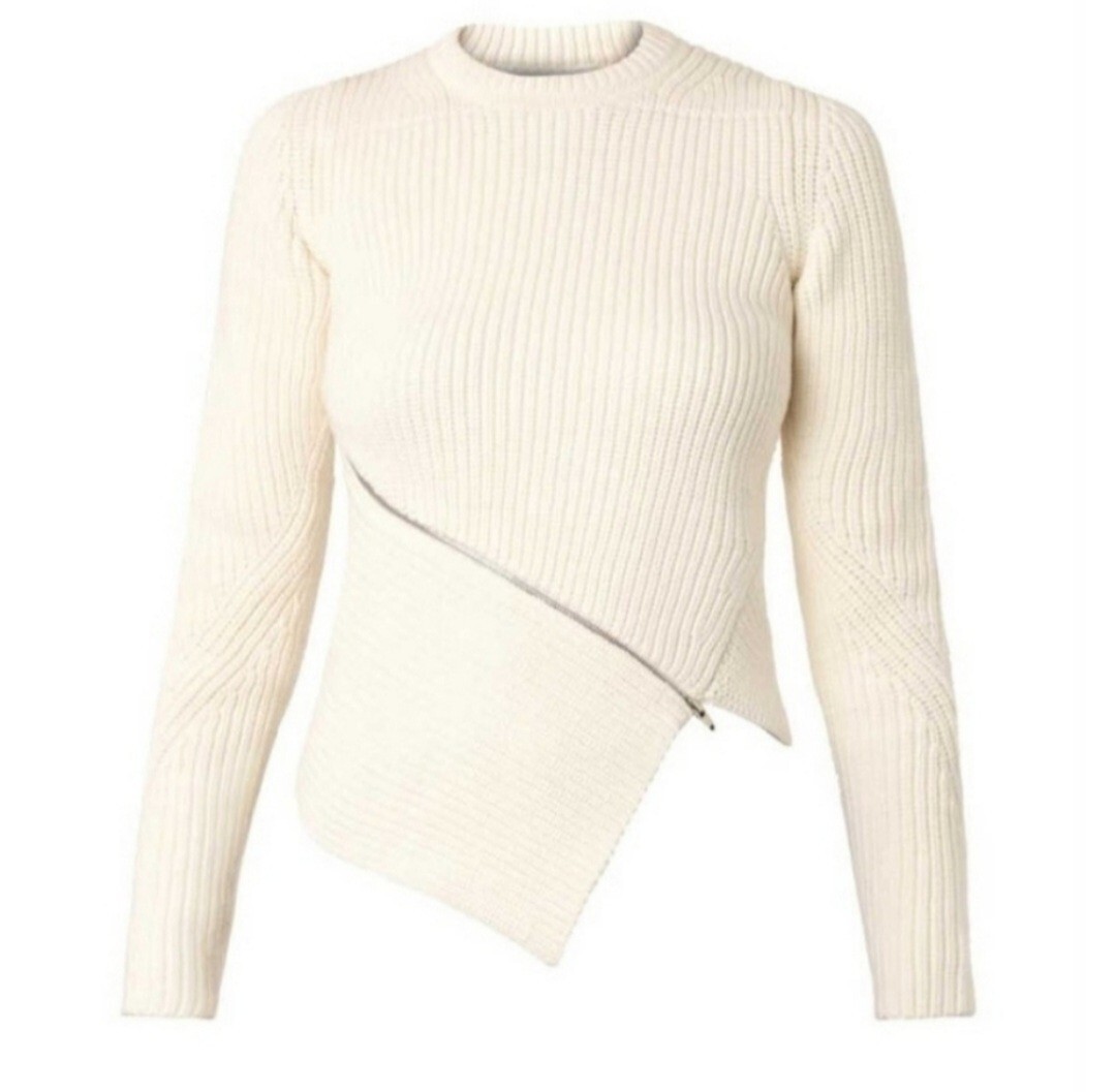 トップス R alexsanderwang border knit Alexander Wang Asymetric Zip Wrap Detail Rib Knit White Sweater Sz