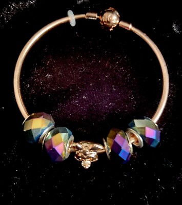 Minnie  Mouse Rose Gold Bangle Bracelet W/ Iridescent Crystal Charms 6.5cm- 0050