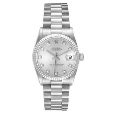 Ladies Rolex 31mm DateJust President 18K White Gold Wristwatch w/Diamond Dial.