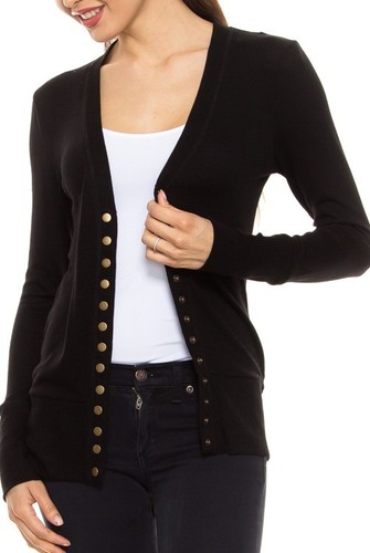 Women Snap Button Front V-Neck Soft Stretch Rayon Blend Fabric Sweater Cardigan - Picture 13 of 64