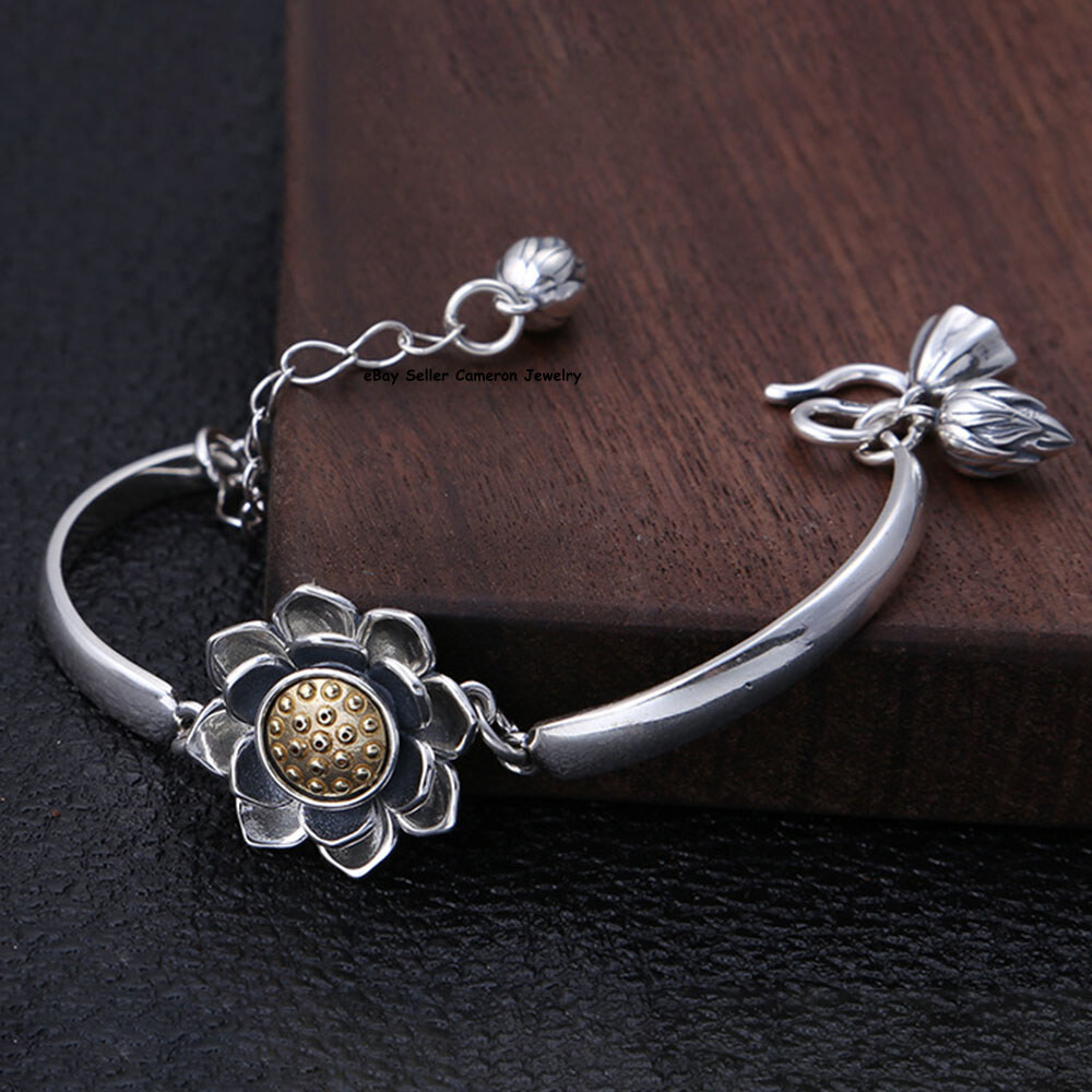 Pure S925 Sterling Silver Bangle 22mm Lotus 5mm Link