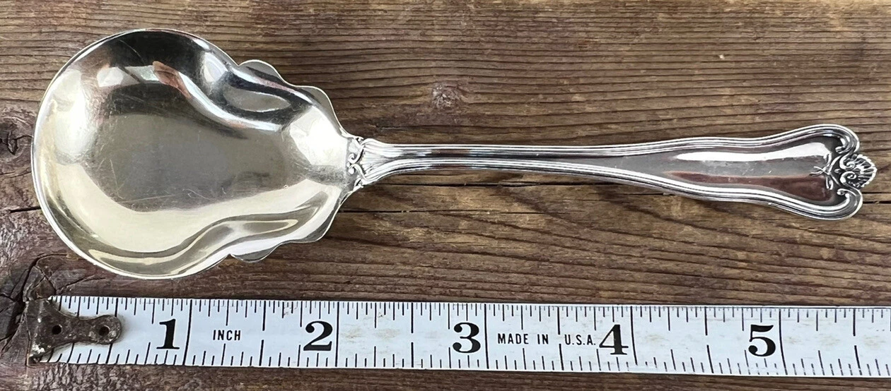 Antique Sterling Silver Sauce Spoon With Seashell + Ribbon Decoration .80 oz