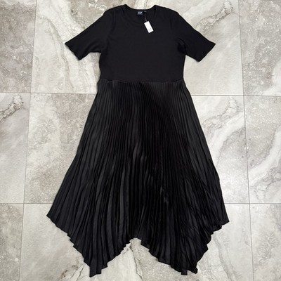 NWT GAP Satin Pleated Short Sleeve Midi Dress Black Size XXL