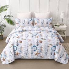 Coastal Quilt Set Queen Size - 3 Pcs Summer Nautical Beach Theme Quilted Blanket