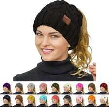 Rosoz Ponytail Beanie for Women,Winter Warm Beanie Tail Soft Stretch Cable Knit 