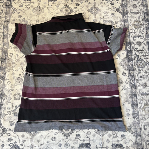 Guinness Mens Polo Shirt Large Burgundy Grey Black Striped Short Sleeve Cotton - Picture 2 of 8