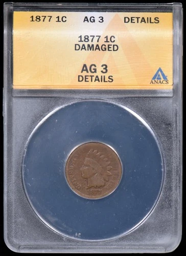 1877 Indian Head 1c Penny ANACS AG3 Details (About Good)