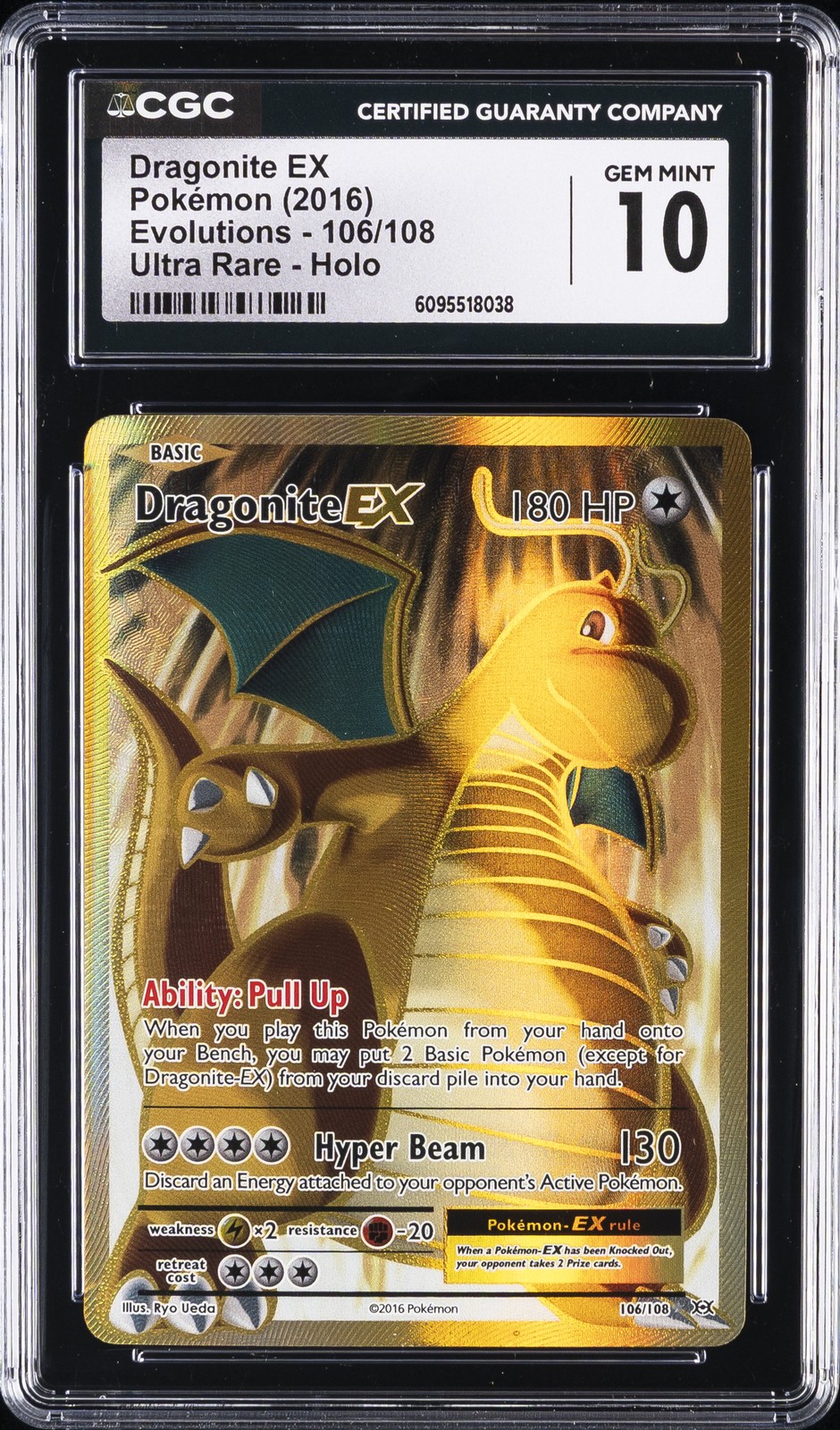 2016 POKEMON EVOLUTIONS ULTRA RARE - HOLO #106/108 DRAGONITE EX CGC 10 GEM MINT