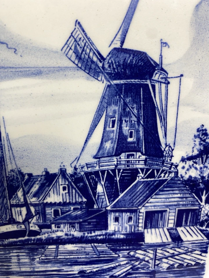 De colección Delft Azulejo Holandés Azul Y Blanco Escena Náutica Con Molino de Viento Pintado a Mano Foto 4 de 4