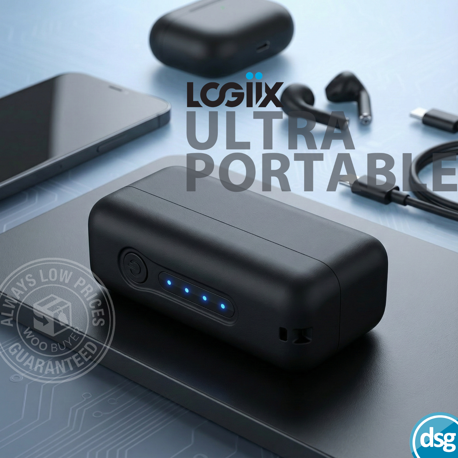 LOGIIX Piston Power Luma Portable Battery Power Bank + Flashlight Black 2600mAh
