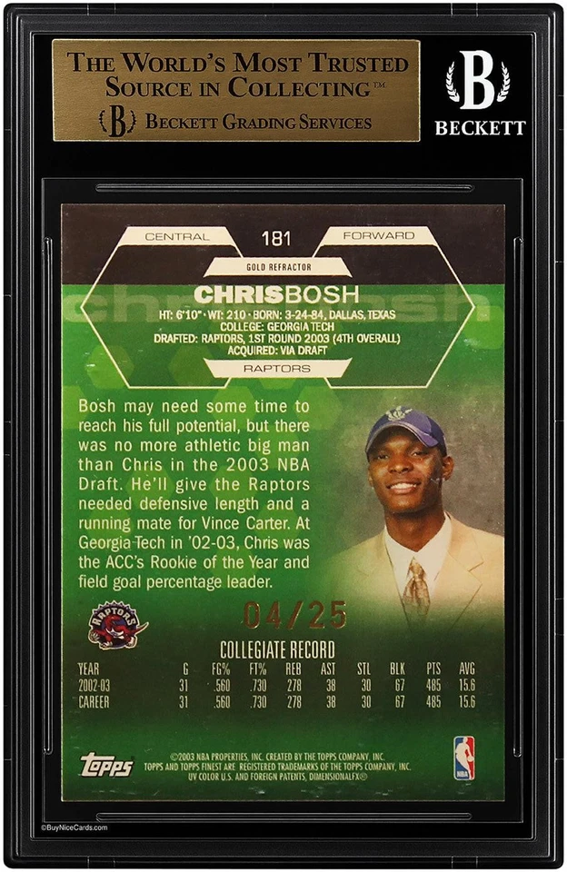 2002-03 Chris Bosh Topps Finest Gold Refractor XRC Jersey Numbers 4/25 BGS 9.5 - Image 3 of 4