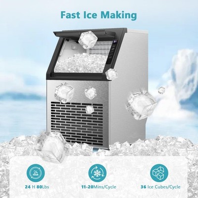COWSAR Commercial Ice Maker – 80 Lbs/24H, Stainless Steel Undercounter, 24 Lb Storage, Self-Cleaning, Freestanding