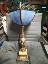 1900's Solid Brass / Marble Table Lamp Cherub With Glass Tiffany Shade (Working)