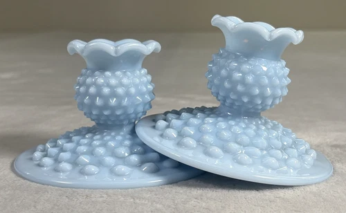 Vintage MCM Fenton Candlesticks Holders Blue Milk Glass Hobnail Ruffle Edge