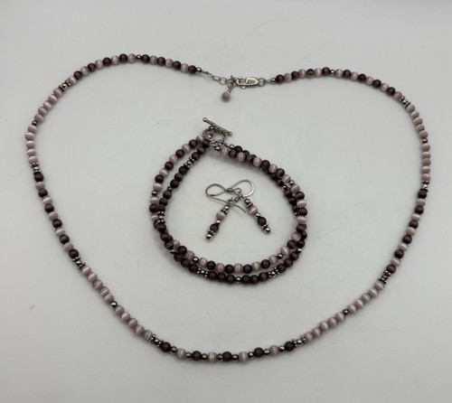 Luxe Signed Sterling Silver & Purple Cats Eyed Beaded 4 Piece Jewelry Set VTG - Bild 4 von 10