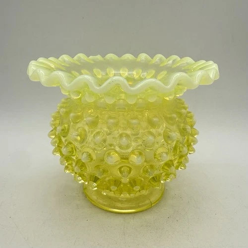 Fenton Topaz Opalescent Hobnail Ruffled  Uranium Glass Bud Vase- Glows-Read