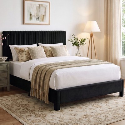 Velvet Upholstered Bed Frame with Headboard, Wooden Slat Support Platform Bed