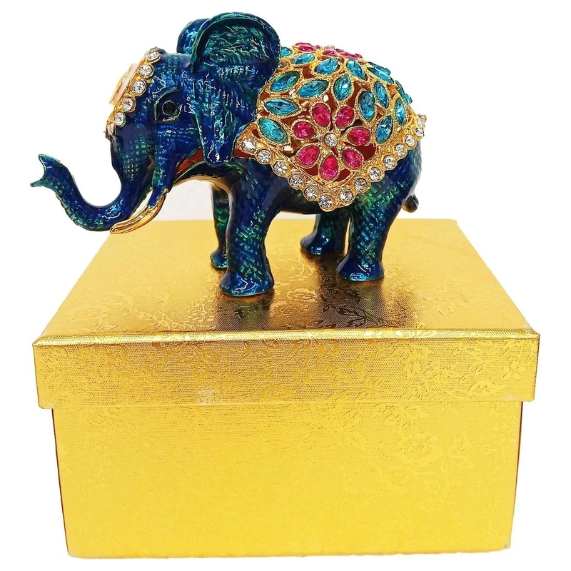 Portagioie Elefante Blu in Metallo Smaltato 7x11,5 cm Scatola Portagioielli, fotografia 7 di 9