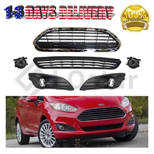 Front Upper Lower Grille w/ Fog Light Lamp Compatible with 2014-2019 Ford Fiesta