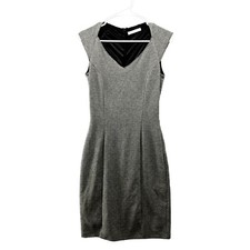 Mango Suit Sheath Dress Gray Herringbone Knit V-neck Cap Sleeve Size 4 Pleated