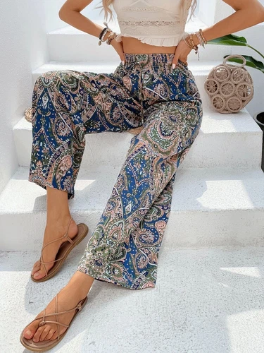 Damen Sommer Mode Blume Elastische Taille Weites Bein Hose- - Bild 12 von 29