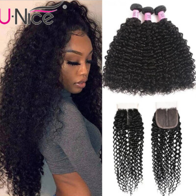 Malaysian Jerry Curly Human Hair Extensions Bundles With T Part Lace  Closure US