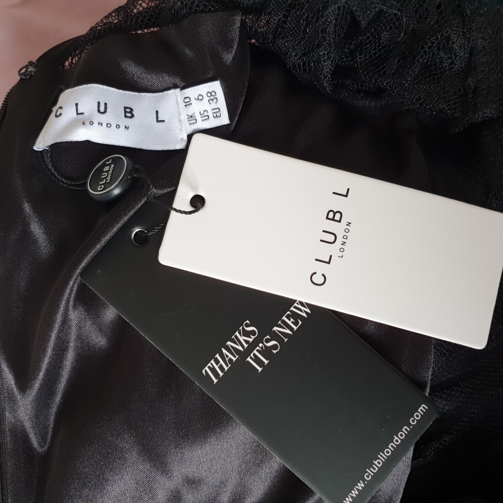 Club London Black Satin Lace Mini Bardot Dress UK10 RRP£120 #ListingsInLights image 9