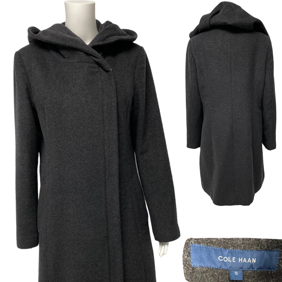 Cole Haan Mujer Trench Hasta la Rodilla Abrigo Gris Lana Cremallera Frontal Sudadera con Capucha Talla 10 Foto 2 de 4
