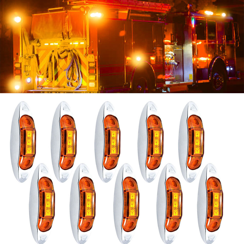 10Pcs  3-LED Amber Side Marker Lights Lamp Clearance Car Truck Trailer Chrome PU