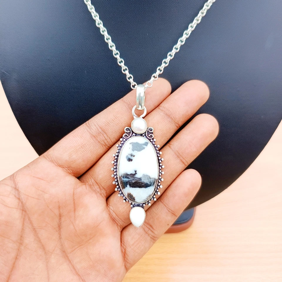 Colgante de piedras preciosas de búfalo blanco con perlas joyería hecha a mano de plata de ley 925 Foto 4 de 4