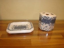 Bathroom Toothbrush Holder Soap Dish Blue  White Floral Ceramic 2 PC