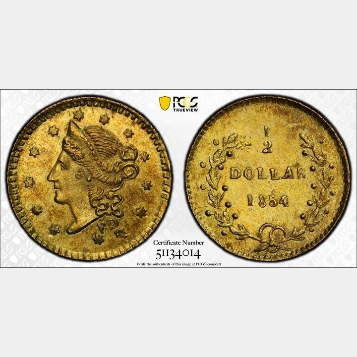 50 centavos redondos 1854-FD. BG-403. Rarity-7. Cabeza Liberty. MS-63 PCGS Placa Moneda! Foto 4 de 4